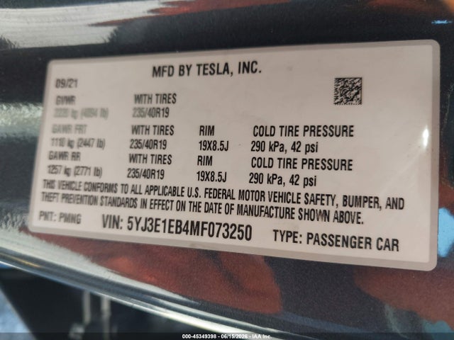 Tesla Model 3 Long Range 2021 5YJ3E1EB4MF073250 Image 9
