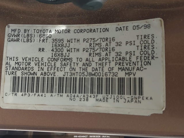 45349427 :رقم المزاد ، JT3HT05J8W0016732 vin ، 1998 Toyota Land Cruiser مزاد بيع