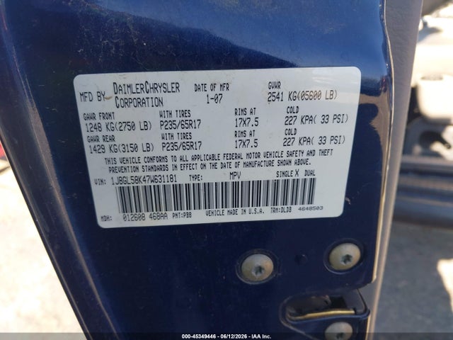 45349446 :رقم المزاد ، 1J8GL58K47W631181 vin ، 2007 Jeep Liberty Limited Edition مزاد بيع
