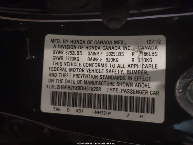 Продажа на аукционе авто 2013 Honda Civic Ex, vin: 2HGFB2F89DH518298, номер лота: 45349458