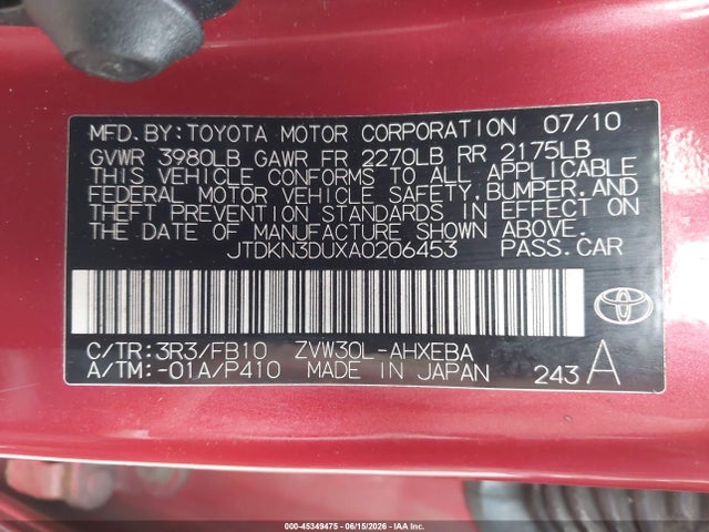 Aukcja sprzedaży 2010 Toyota Prius Ii, vin: JTDKN3DUXA0206453, numer aukcji: 45349475