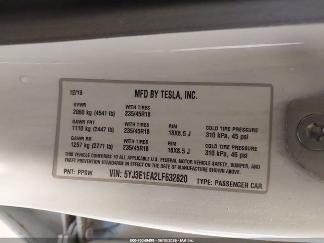 45349499 :رقم المزاد ، 5YJ3E1EA2LF632820 vin ، 2020 Tesla Model 3 Standard Range Plus Rear-wheel Drive/standard Range Rear-wheel Drive مزاد بيع