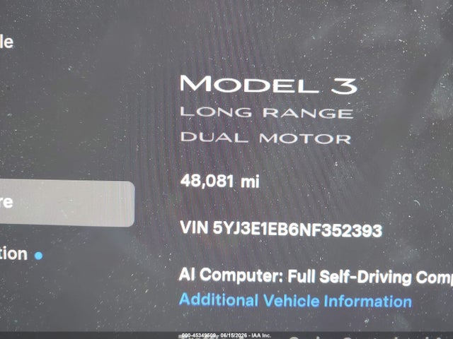 2022 Tesla Model 3 Long Range Dual Motor All-wheel Drive მანქანა იყიდება აუქციონზე, vin: 5YJ3E1EB6NF352393, აუქციონის ნომერი: 45349509