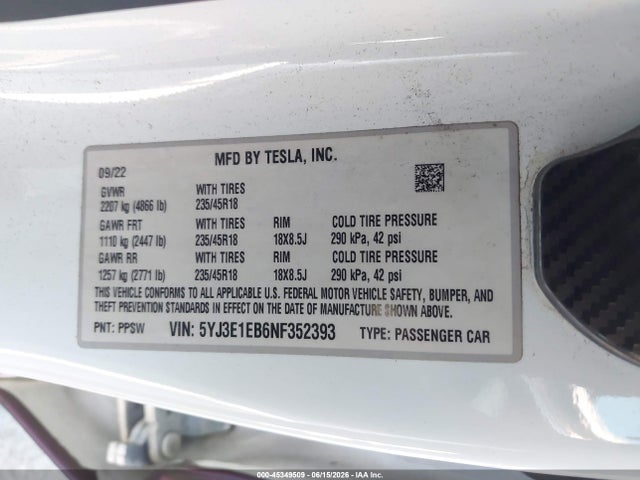45349509 :رقم المزاد ، 5YJ3E1EB6NF352393 vin ، 2022 Tesla Model 3 Long Range Dual Motor All-wheel Drive مزاد بيع