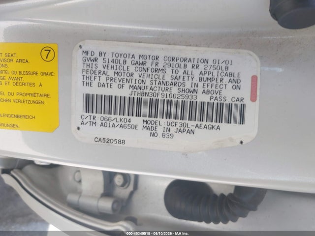 Продаж на аукціоні авто 2001 Lexus Ls 430, vin: JTHBN30F910025933, номер лоту: 45349515