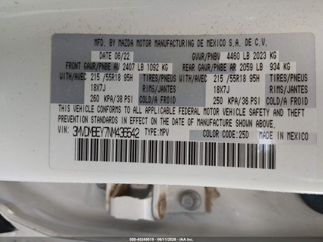 45349519 :رقم المزاد ، 3MVDMBEY7NM436542 vin ، 2022 Mazda Cx-30 2.5 Turbo Premium Plus مزاد بيع