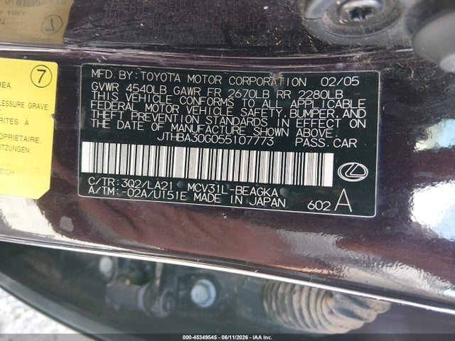 Продажа на аукционе авто 2005 Lexus Es 330, vin: JTHBA30G055107773, номер лота: 45349545