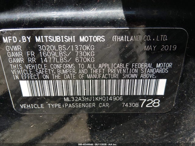 Продаж на аукціоні авто 2019 Mitsubishi Mirage Es, vin: ML32A3HJ1KH014906, номер лоту: 45349546