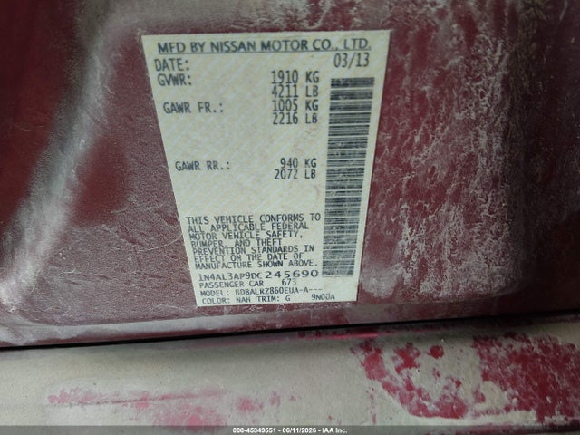 2013 Nissan Altima 2.5 S მანქანა იყიდება აუქციონზე, vin: 1N4AL3AP9DC245690, აუქციონის ნომერი: 45349551