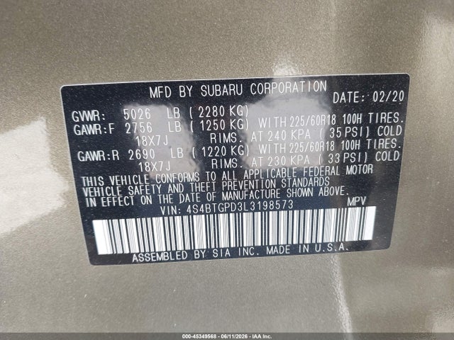 Subaru Outback Touring Xt 2020 4S4BTGPD3L3198573 Image 9