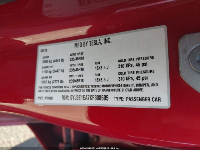 Tesla Model 3 Long Range/mid Range/standard Range/standard Range Plus 2019 5YJ3E1EA7KF308695 Image 9