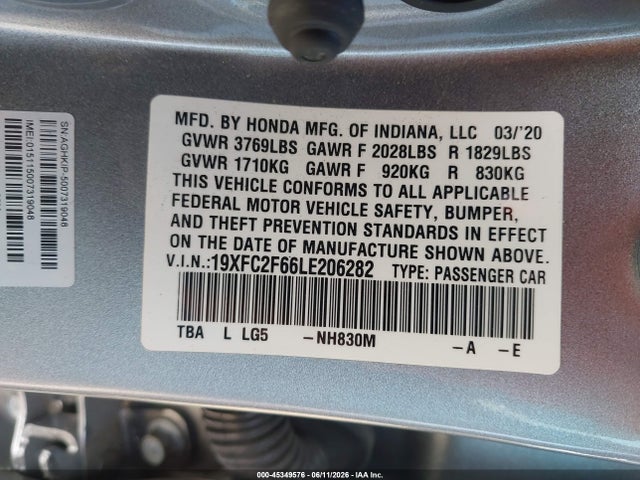 Honda Civic Lx 2020 19XFC2F66LE206282 Image 9
