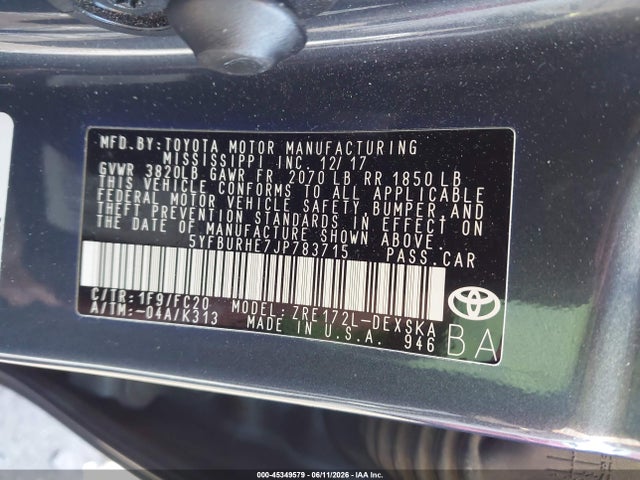 Toyota COROLLA SE 2018 5YFBURHE7JP783715 Image 9