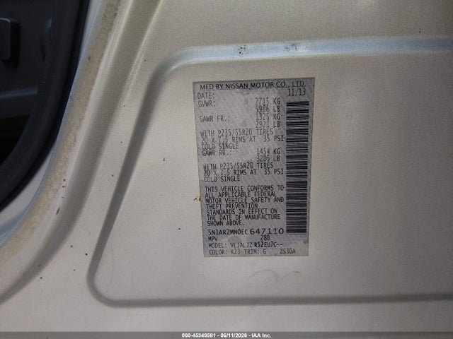 2014 Nissan Pathfinder Platinum მანქანა იყიდება აუქციონზე, vin: 5N1AR2MN0EC647110, აუქციონის ნომერი: 45349581