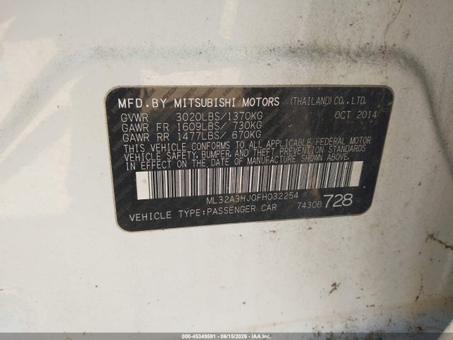 Aukcja sprzedaży 2015 Mitsubishi Mirage De, vin: ML32A3HJ0FH032254, numer aukcji: 45349591
