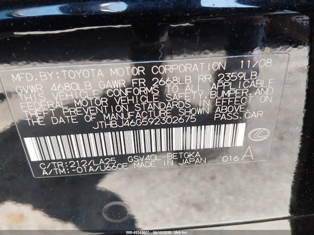 Продаж на аукціоні авто 2009 Lexus Es 350, vin: JTHBJ46G592302675, номер лоту: 45349601