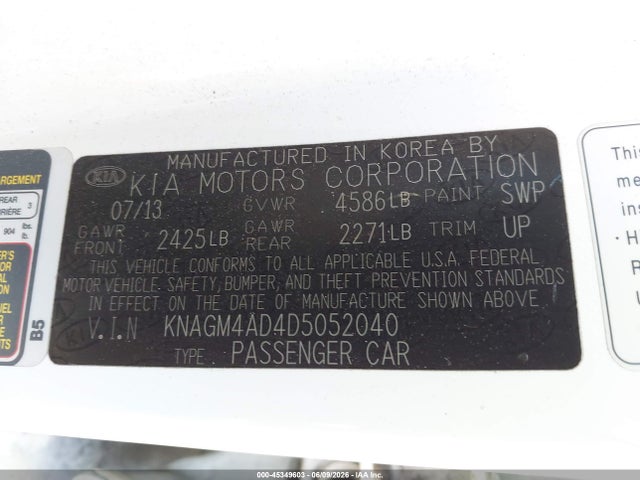 Aukcja sprzedaży 2013 Kia Optima Hybrid Ex, vin: KNAGM4AD4D5052040, numer aukcji: 45349603