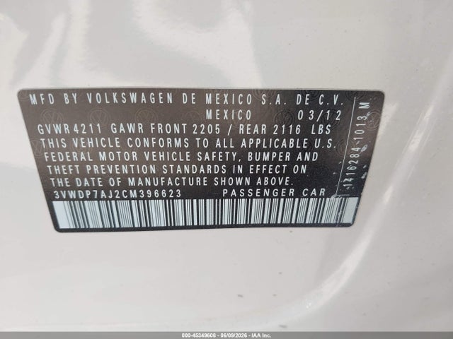 Продажа на аукционе авто 2012 Volkswagen Jetta 2.5l Se, vin: 3VWDP7AJ2CM396623, номер лота: 45349608