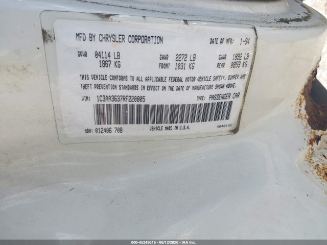 Aukcja sprzedaży 1994 Chrysler Lebaron Le A-body, vin: 1C3AA3637RF220805, numer aukcji: 45349616
