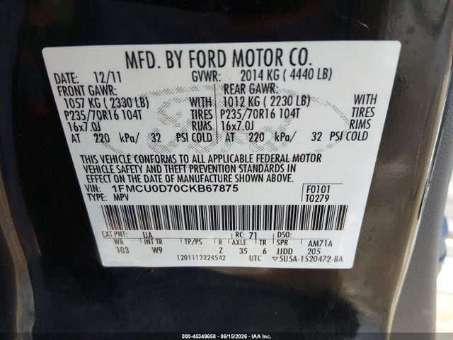 2012 Ford Escape Xlt მანქანა იყიდება აუქციონზე, vin: 1FMCU0D70CKB67875, აუქციონის ნომერი: 45349658