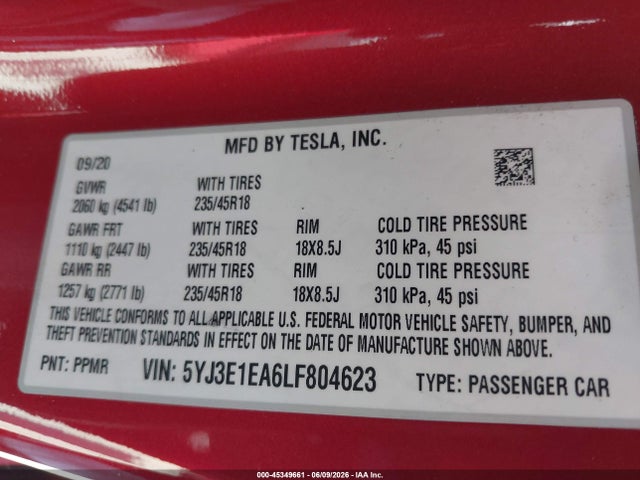 2020 Tesla Model 3 Standard Range Plus Rear-wheel Drive/standard Range Rear-wheel Drive მანქანა იყიდება აუქციონზე, vin: 5YJ3E1EA6LF804623, აუქციონის ნომერი: 45349661