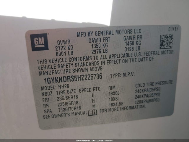 Продаж на аукціоні авто 2017 Cadillac Xt5 Luxury, vin: 1GYKNDRS5HZ226736, номер лоту: 45349667