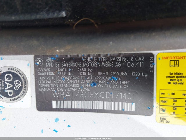 45349671 :رقم المزاد ، WBALZ3C5XCDL71401 vin ، 2012 Bmw 650i مزاد بيع