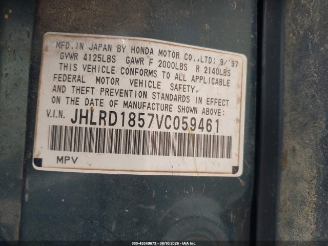 Aukcja sprzedaży 1997 Honda Cr-v, vin: JHLRD1857VC059461, numer aukcji: 45349673