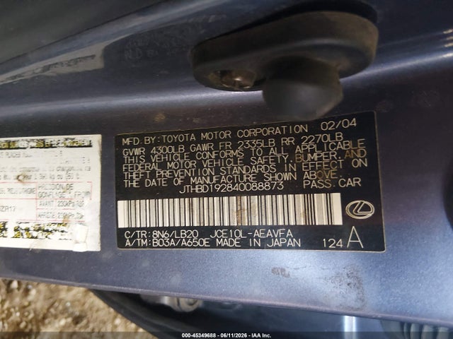 Продажа на аукционе авто 2004 Lexus Is 300, vin: JTHBD192840088873, номер лота: 45349688
