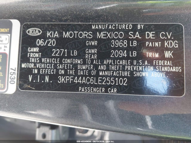 2020 Kia Forte Gt მანქანა იყიდება აუქციონზე, vin: 3KPF44AC6LE255102, აუქციონის ნომერი: 45349694