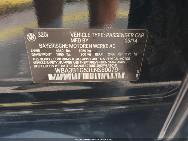 Aukcja sprzedaży 2014 Bmw 320i, vin: WBA3B1G53ENS80079, numer aukcji: 45349700