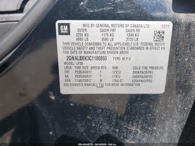45349733 :رقم المزاد ، 2GNALBEK3C1186893 vin ، 2012 Chevrolet Equinox Ls مزاد بيع