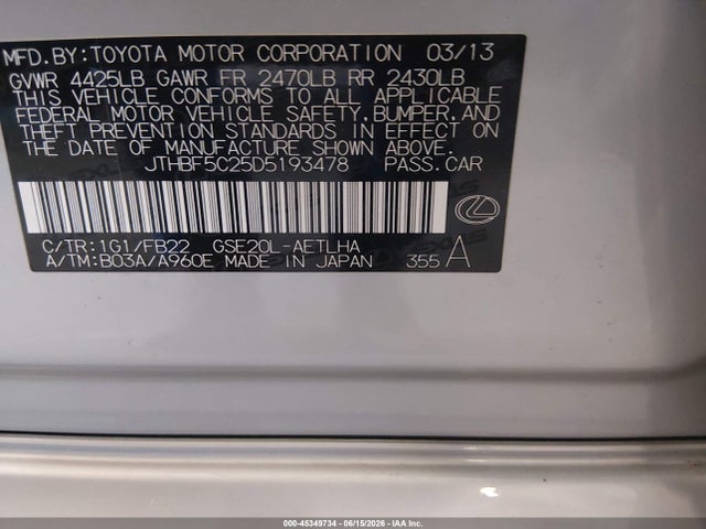 45349734 :رقم المزاد ، JTHBF5C25D5193478 vin ، 2013 Lexus Is 250 مزاد بيع