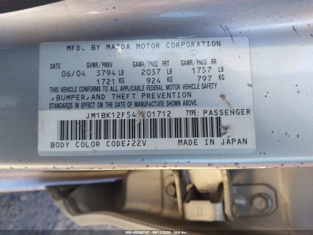 Aukcja sprzedaży 2004 Mazda Mazda3 I, vin: JM1BK12F541201712, numer aukcji: 45349742