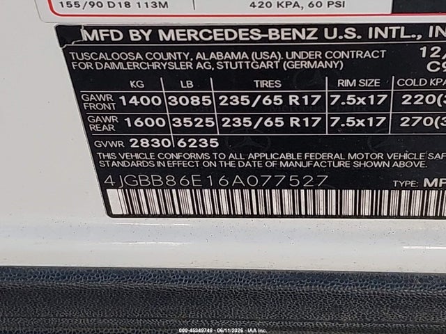 2006 Mercedes-benz Ml 350 4matic მანქანა იყიდება აუქციონზე, vin: 4JGBB86E16A077527, აუქციონის ნომერი: 45349748