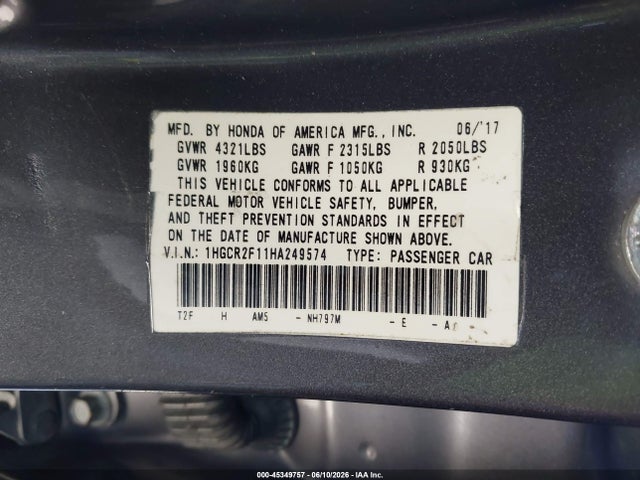Продаж на аукціоні авто 2017 Honda Accord Sport Se, vin: 1HGCR2F11HA249574, номер лоту: 45349757