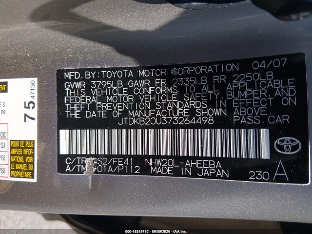 Aukcja sprzedaży 2007 Toyota Prius, vin: JTDKB20U373264498, numer aukcji: 45349762