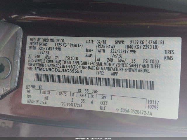 Aukcja sprzedaży 2018 Ford Escape Se, vin: 1FMCU9GD2JUC35553, numer aukcji: 45349790