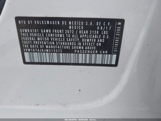 Aukcja sprzedaży 2018 Volkswagen Jetta 1.4t S, vin: 3VW167AJ6JM213372, numer aukcji: 45349798