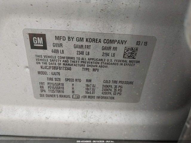 2015 Buick Encore Convenience მანქანა იყიდება აუქციონზე, vin: KL4CJFSB5FB173340, აუქციონის ნომერი: 45349805
