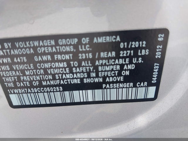 45349821 :رقم المزاد ، 1VWBH7A39CC050253 vin ، 2012 Volkswagen Passat 2.5l Se مزاد بيع