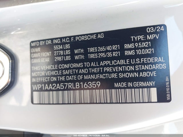 Aukcja sprzedaży 2024 Porsche Macan T, vin: WP1AA2A57RLB16359, numer aukcji: 45349838