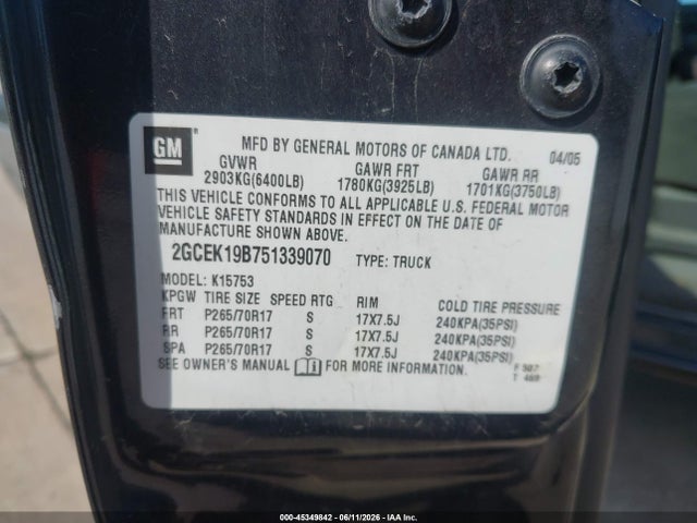 45349842 :رقم المزاد ، 2GCEK19B751339070 vin ، 2005 Chevrolet Silverado 1500 Z71 مزاد بيع