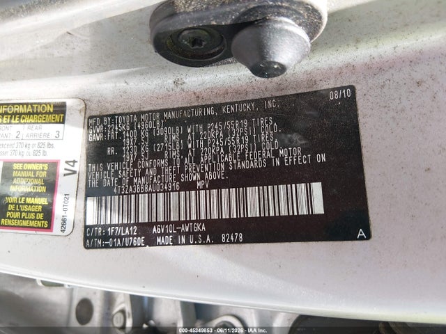 Aukcja sprzedaży 2010 Toyota Venza, vin: 4T3ZA3BB8AU034916, numer aukcji: 45349853