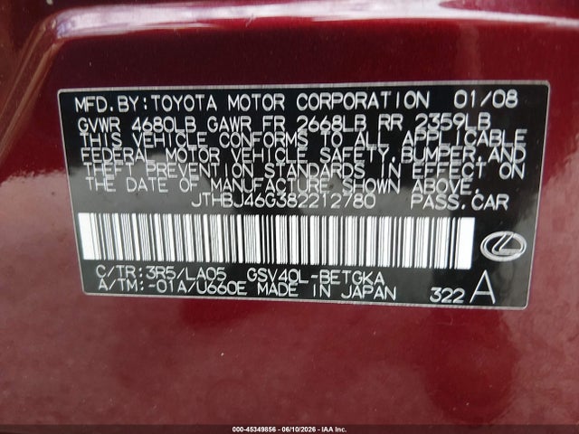 Продажа на аукционе авто 2008 Lexus Es 350, vin: JTHBJ46G382212780, номер лота: 45349856