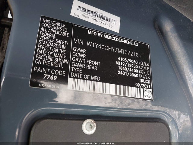 Aukcja sprzedaży 2021 Mercedes-benz Sprinter 2500 High Roof I4, vin: W1Y40CHY7MT072181, numer aukcji: 45349881