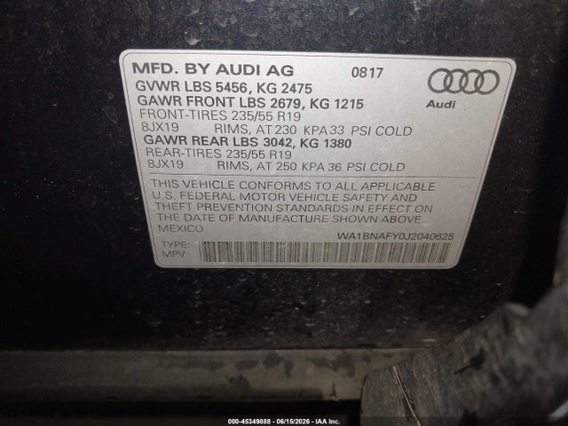 Aukcja sprzedaży 2018 Audi Q5 2.0t Premium/2.0t Tech Premium, vin: WA1BNAFY0J2040625, numer aukcji: 45349888