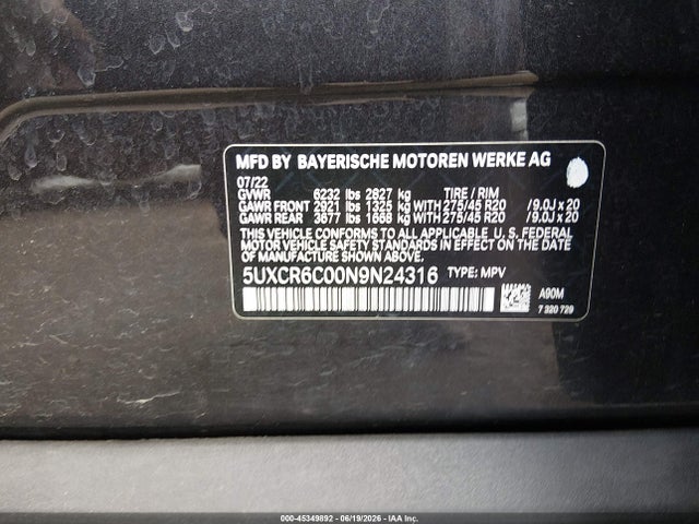 45349892 :رقم المزاد ، 5UXCR6C00N9N24316 vin ، 2022 Bmw X5 Xdrive40i مزاد بيع