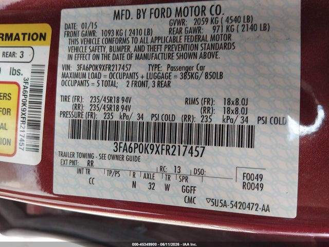 Ford Fusion Titanium 2015 3FA6P0K9XFR217457 Image 9
