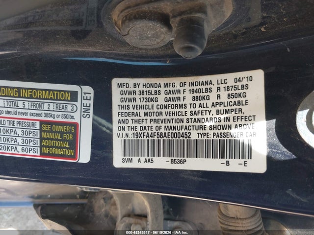 Aukcja sprzedaży 2010 Honda Civic Gx, vin: 19XFA4F58AE000452, numer aukcji: 45349917